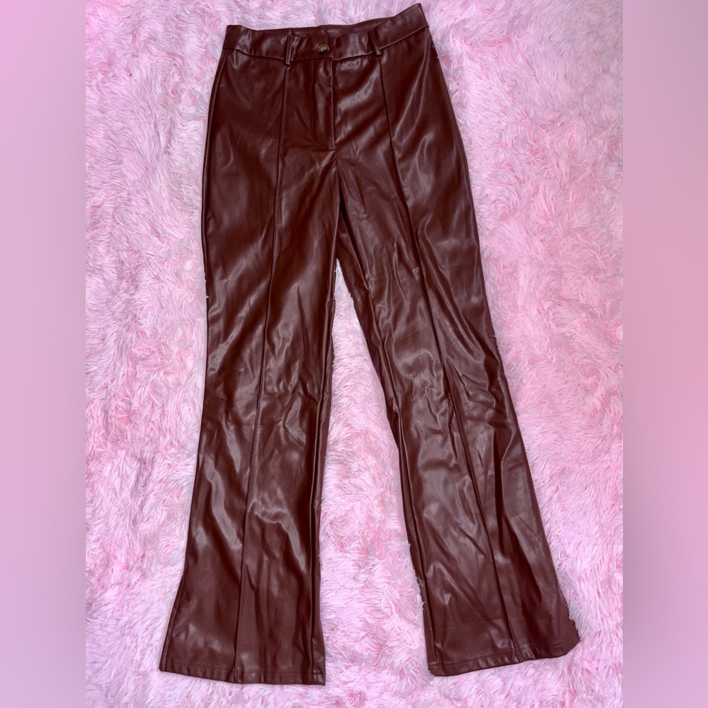 Brown Flared Faux Leather Pants - Size Medium